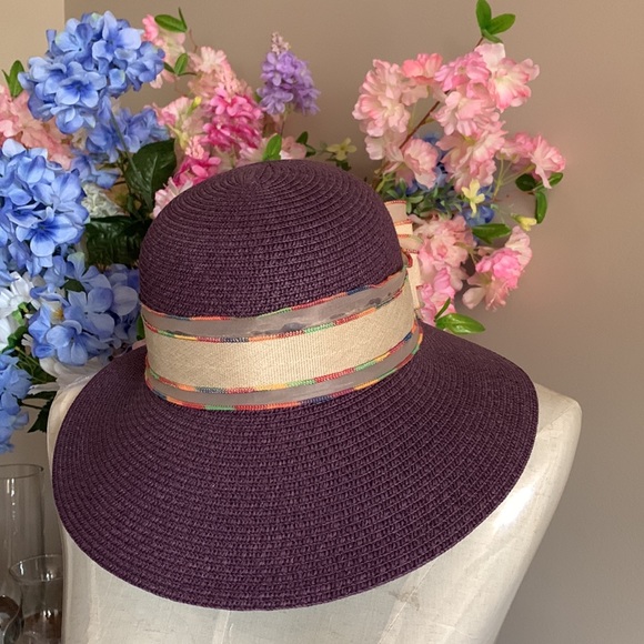 Wide brim straw sun hat with ribbon, EUC - Picture 6 of 11